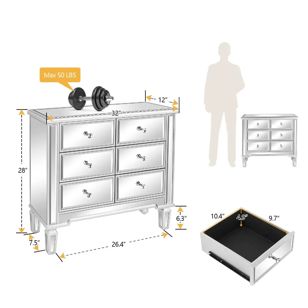 Commode miroir pour chambre à coucher avec 6 tiroirs de rangement, commode moderne, argent