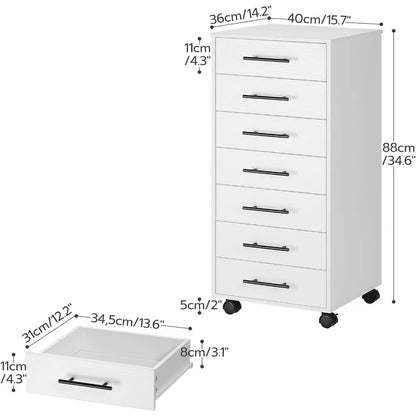 Commode à 7 tiroirs, classeur, classeur en bois, bureau avec tiroirs, rangement, pour la maison, assemblage facile, blanc