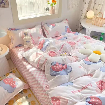 Parure de lit à motif de fraises roses, jolie housse de couette, drap plat avec taies d'oreiller, linge de lit double et complet pour enfants et filles