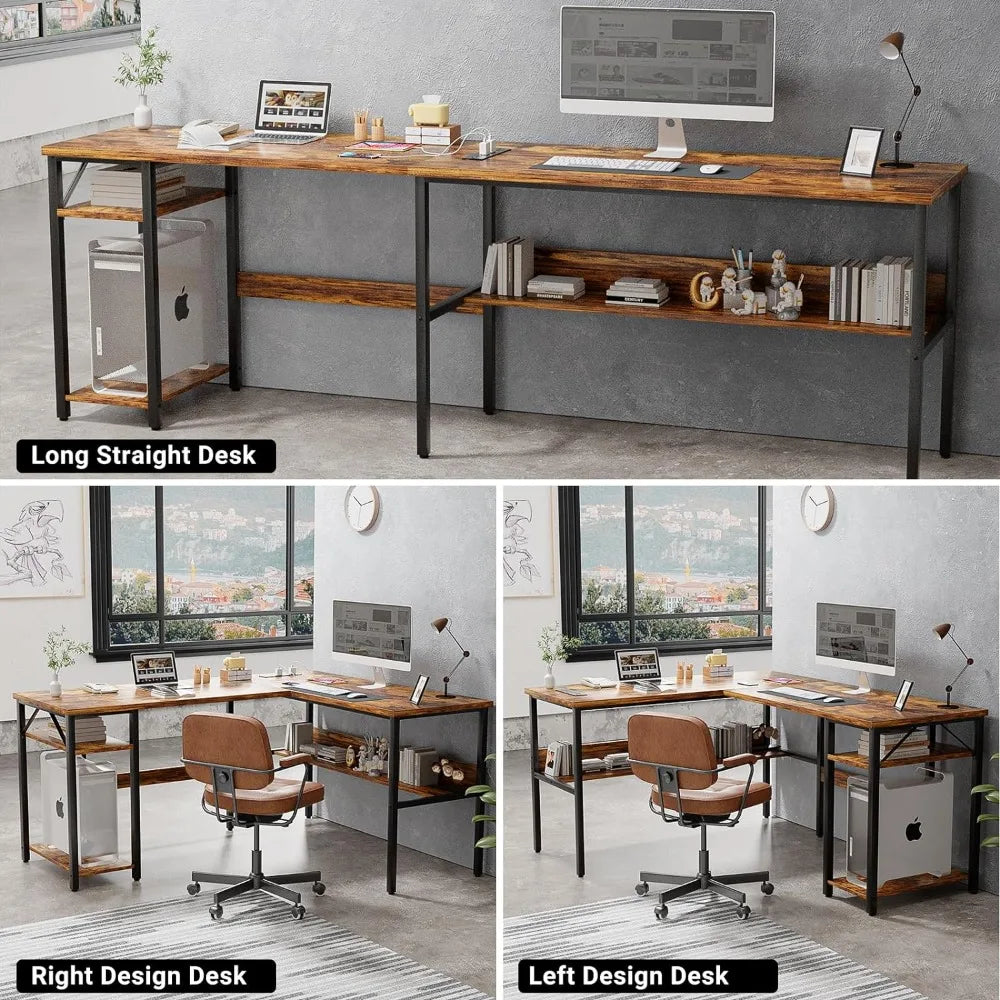 Bureau d'ordinateur rustique marron, bureau pour ordinateur portable facile à assembler, bureau d'angle réversible robuste avec étagères de rangement, meubles de chambre