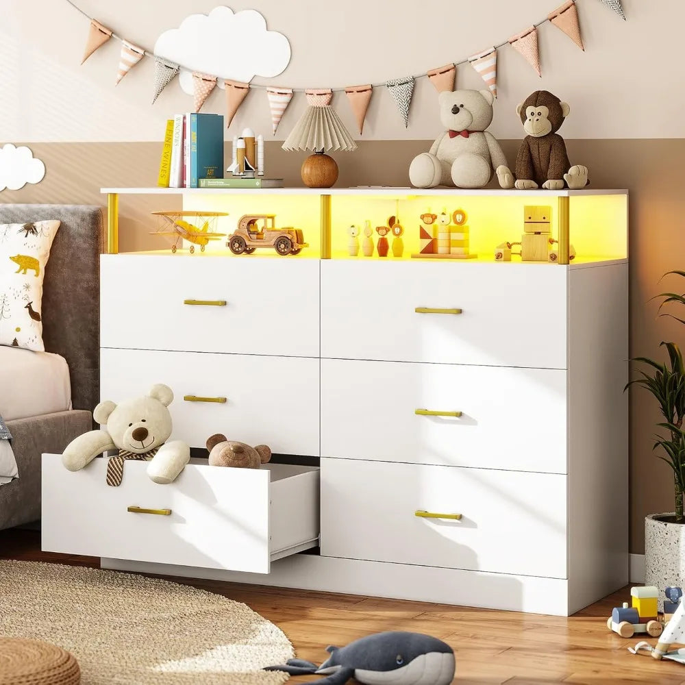 White Dresser for Bedroom with 6 Drawers, Dressers & Chests of Drawers with Column Design & Charging Station, Led Wide Dresser