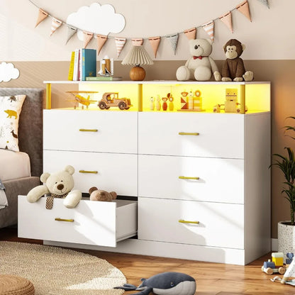 Cómoda Blanca para Dormitorio con 6 Cajones, Cómodas y Cajoneras con Diseño de Columna y Estación de Carga, Cómoda Ancha Led