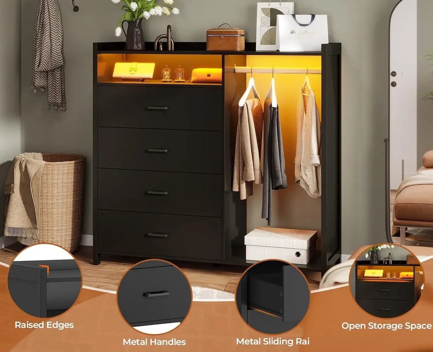 Commode pour chambre à coucher avec porte-vêtements, commodes et coffres à tiroirs, commode à 4 tiroirs avec lumières LED, commode longue à LED moderne