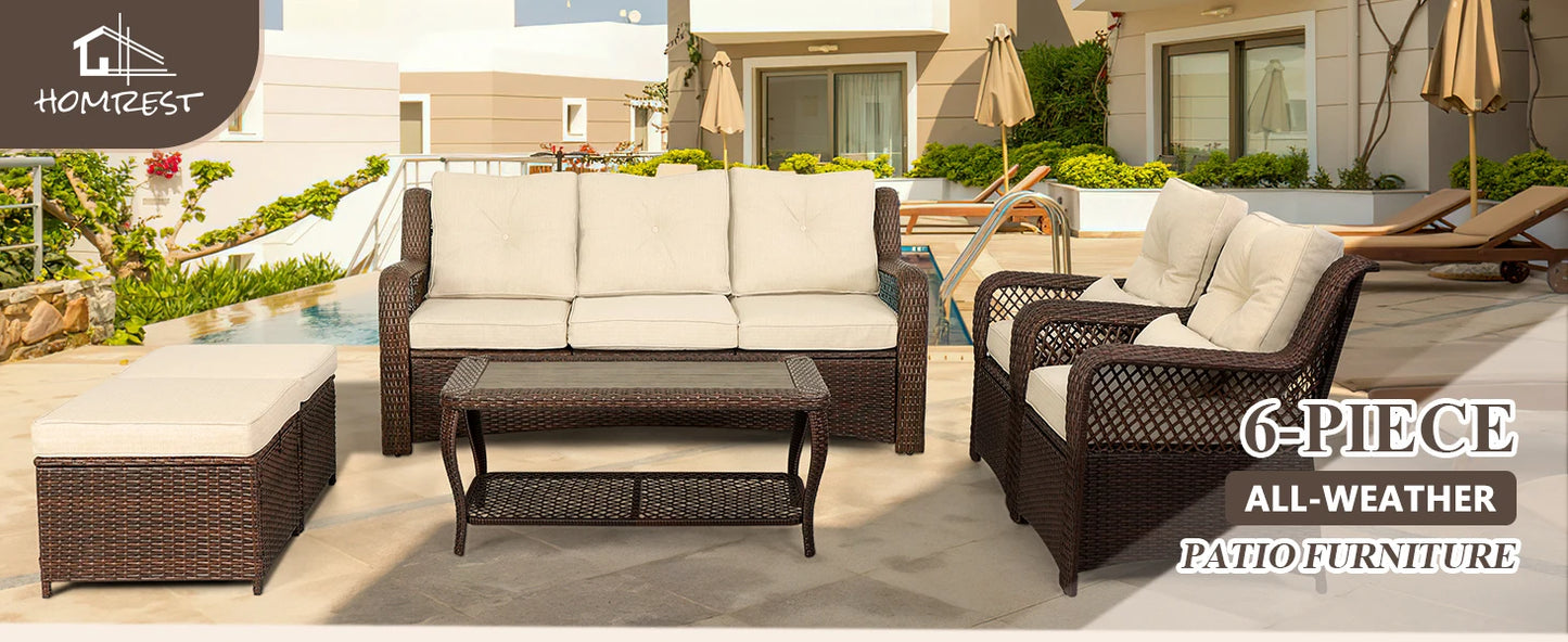 6 Pieces Patio Furniture Set, Wicker Outdoor Patio Conversation Sets, Sectional Rattan Sofa Chairs with Coffee Table