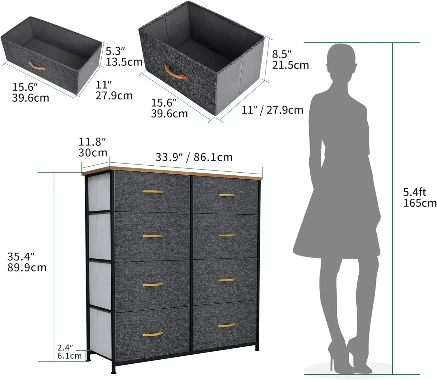 Commode pour chambre à coucher, commode haute avec 8 tiroirs, tour de rangement avec bacs en tissu, commode pour placard et salon