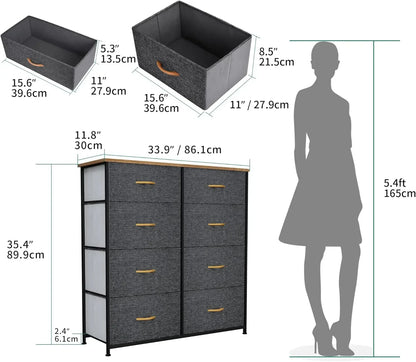 Dresser for Bedroom, Tall Dresser with 8 Drawers, Storage Tower with Fabric Bins, Chest of Drawers for Closet & Living Room