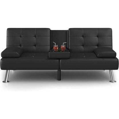 Canapé-lit futon de salon moderne en similicuir convertible, chaise longue pliable et réglable avec 2 porte-gobelets et accoudoirs