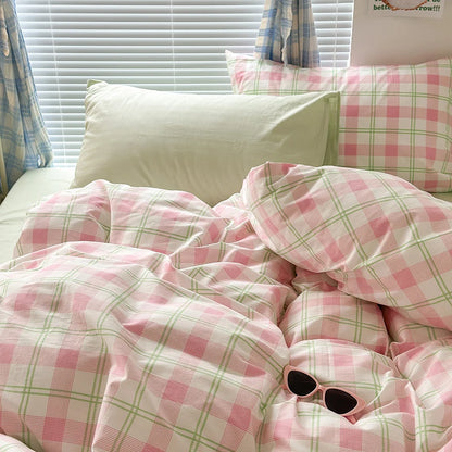 Classic Pink Green Grid Bedding Set Fashion Single Double Bed Linens Cover Quilt Pillowcase for Girl Boy Home Textile