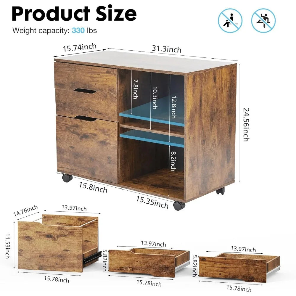 Horizontal moving filing cabinet, wooden table storage organizer with wheels, printer rack, and home office filing cabinet