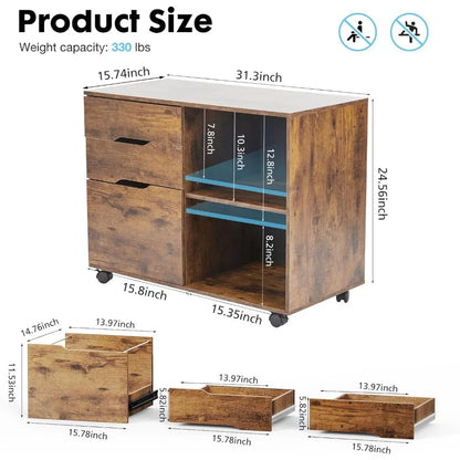 Horizontal moving filing cabinet, wooden table storage organizer with wheels, printer rack, and home office filing cabinet