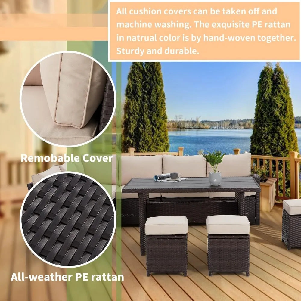 7 Pieces Patio Furniture Set, Outdoor Sectional Sofa Conversation Set, All Weather Wicker Rattan Couch Dining Table & Chair