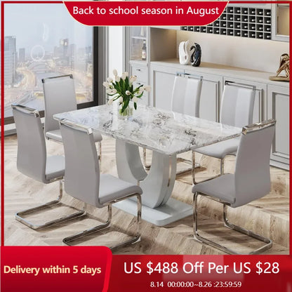 Modern dining table set for 6 people, rectangular dining table with artificial marble tabletop and 6 Pu leather cushioned chairs