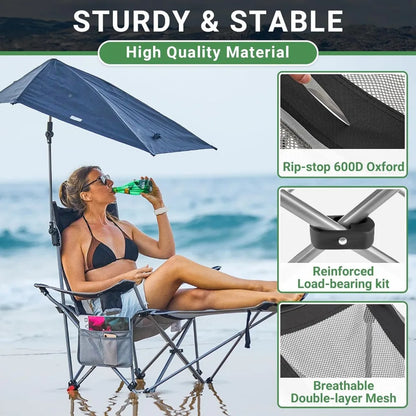 2-in-1 Reclining Camping Chair with Removable Umbrella Lightweight Folding Camping Chair,Beach Chairs