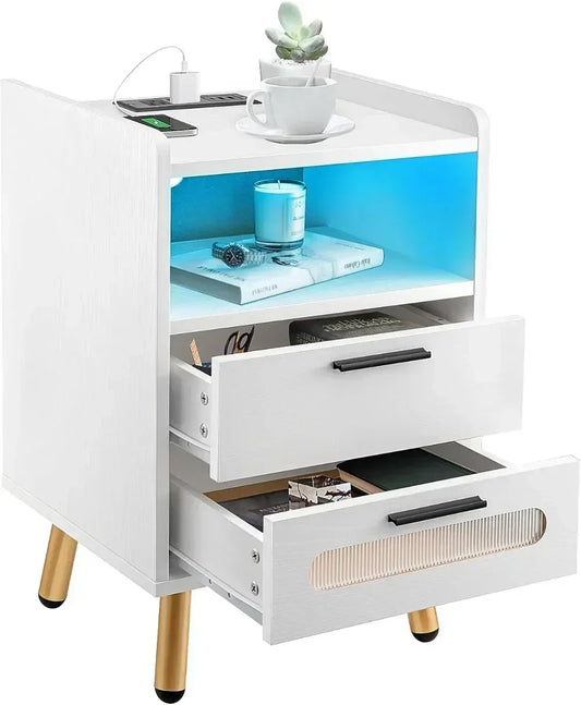 Table de chevet avec 2 tiroirs, table d'appoint avec ports et prises USB/Type-C, table de chevet moderne haute brillance pour chambre à coucher