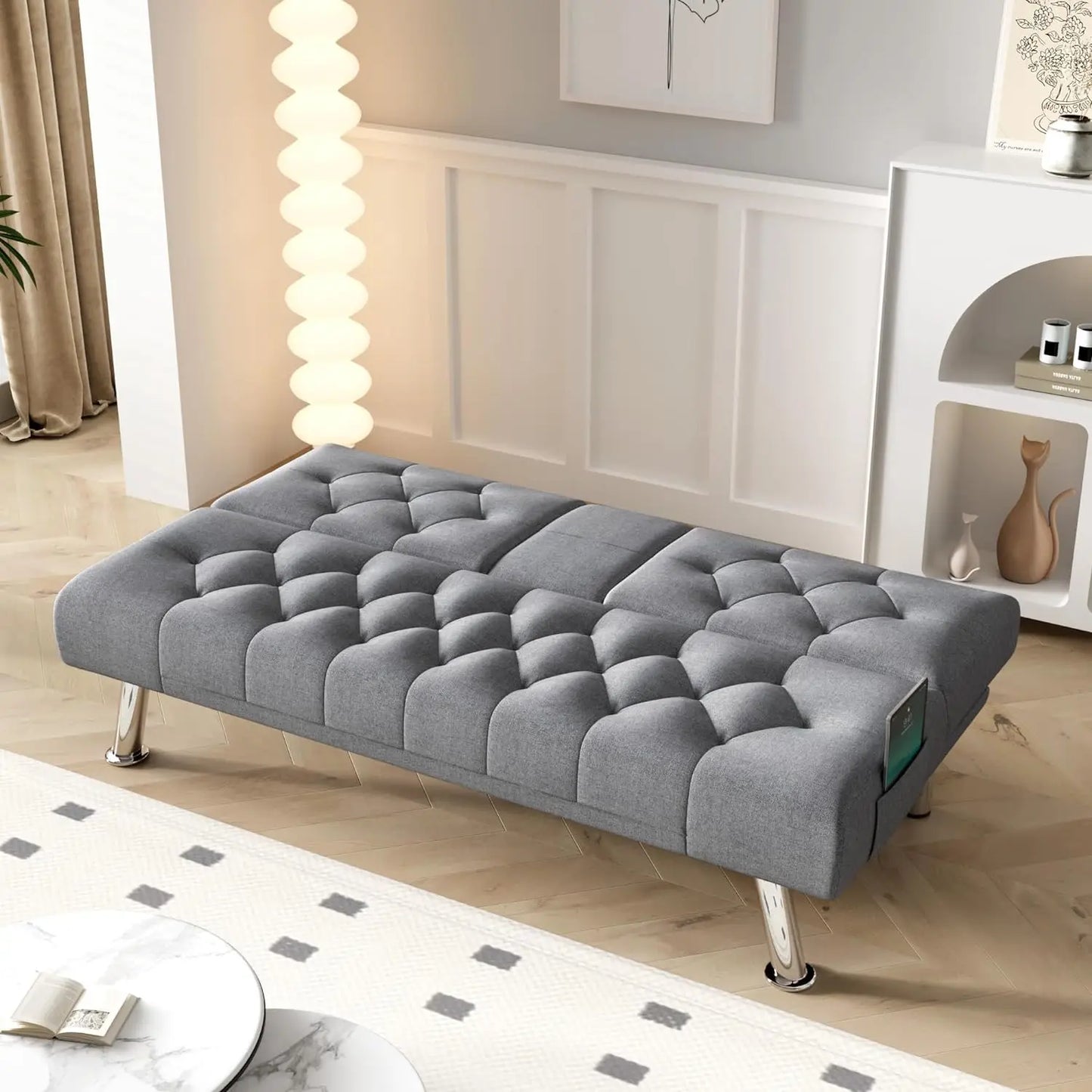 Sofá cama futón, sofá cama plegable convertible tapizado con reposabrazos extraíbles, sofá futón moderno, 2 portavasos, patas de metal