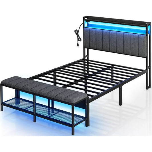 Full Bed Frame with Charging Station;Upholstered Headboard with Storage Shelves,Heavy Duty Metal Slats,No Box Spring Needed