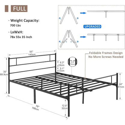 Metal Platform Full Size Bed Frame With Headboard and Footboard 12'' Under-Bed Storage & Strong Slats Support Beds & Furniture