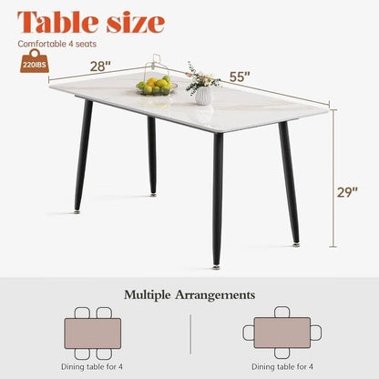 White Rectangular Kitchen Table, Dining Table with Marble Sintered Stone Table Top and Metal Legs,Dinner Table for Dining Room