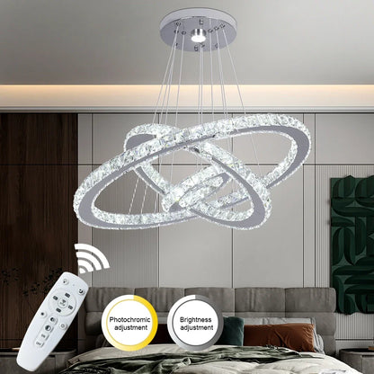 Lámpara de araña LED de cristal de lujo, luminaria para el hogar, anillos, lámpara colgante ajustable con control remoto para dormitorio y sala de estar