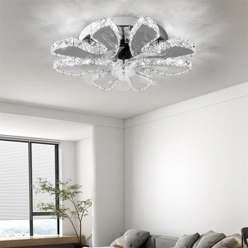 Ventilateur de plafond en cristal de luxe en acier inoxydable, lustre à LED, lampes de ventilateur de plafond chromées, luminaire de salle à manger