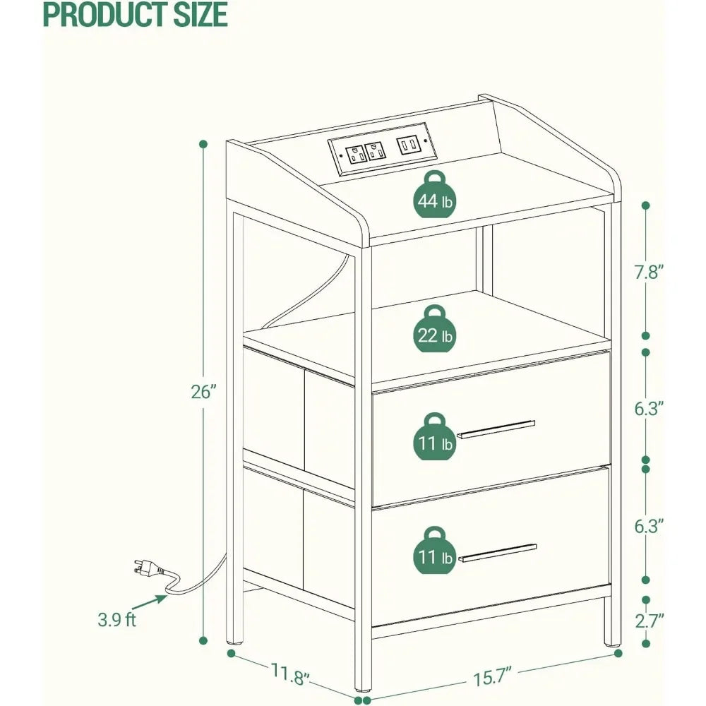 Ensemble de 2 tables de chevet avec lumières LED et station de charge, table d'appoint avec 2 tiroirs de rangement en tissu et étagères, table d'appoint moderne