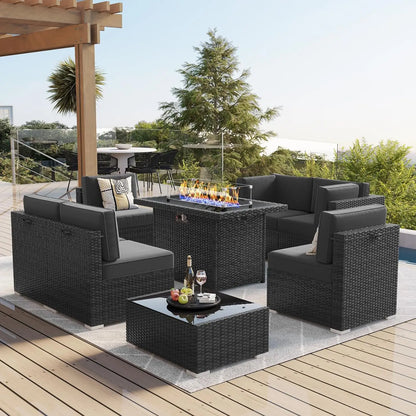 Juego de muebles de patio de 8 piezas con mesa para fogata a gas propano de 44", juego de sofá de mimbre y ratán y mesa de centro Rattan Möbel