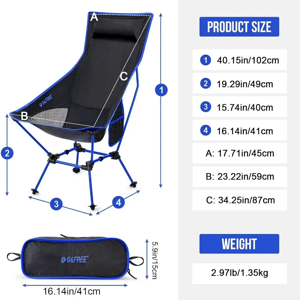 2Pcs Lightweight Portable High Back Camp Chair, Folding Chair Lawn Chair Heavy Duty 330lbs with Headrest & Pocket for Outdoor