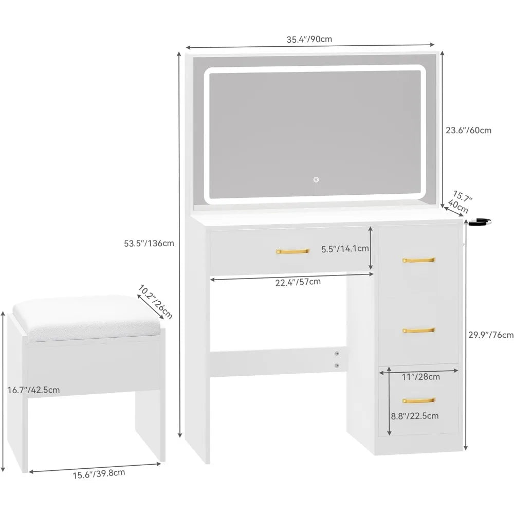 Cómodas para dormitorio, tocador de maquillaje en color blanco lechoso con espejo grande iluminado, toma de corriente y tira de LED