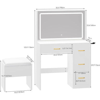 Commodes pour chambre à coucher, rangement blanc laiteux, coiffeuse, bureau avec grand miroir éclairé, avec prise de courant et bande LED