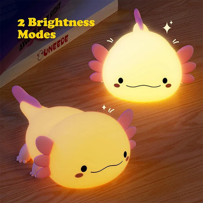 Bonita luz de noche de axolotl de silicona, lámpara para dormir para guardería, luces de noche con control táctil, lámpara de mesa recargable por USB para bebés y niños