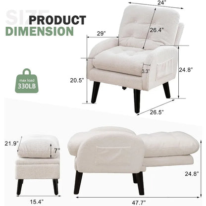 Chaise d'appoint avec pouf, ensemble de chaise confortable en tissu Teddy et pouf de rangement, chaise de lecture avec dossier réglable et poche latérale