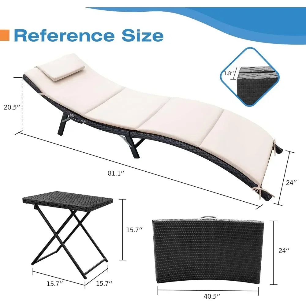 3 Pcs Patio Chaise Lounge Chair Sets, Outdoor Beach Pool PE Rattan Reclining Chair with Folding Table and Cushion, Chaise Lounge