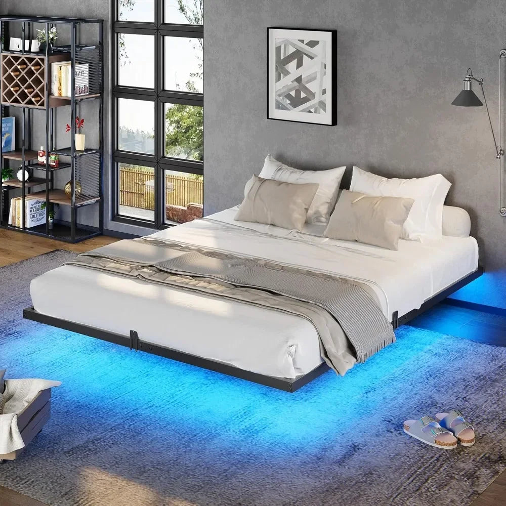 Marco de cama flotante de tamaño completo con luces LED, plataforma de metal para cama completa con listones de acero resistentes y tope deslizante para colchón de 4 piezas