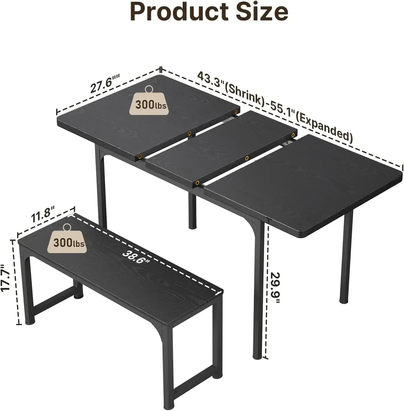 3-Piece 55" Dining Table Set for 4-6, Extendable Kitchen Table Set with 2 Benches, Mid Century-Modern Dining Room Table