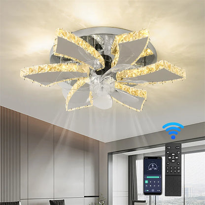 Crystal 5-Ring Fan Light Living Room Ceiling Light Stainless Steel Fixture Fandelier Plafon Fan Lamps Luminaire Led Chandelier