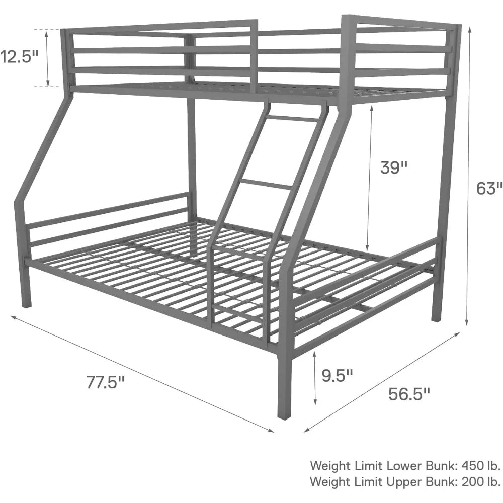 Bunk Bed Sturdy Metal Frame Construction with Slats and Side Rails Safety Rails on Top Bunk Easy To Assemble Twin/Full Grey