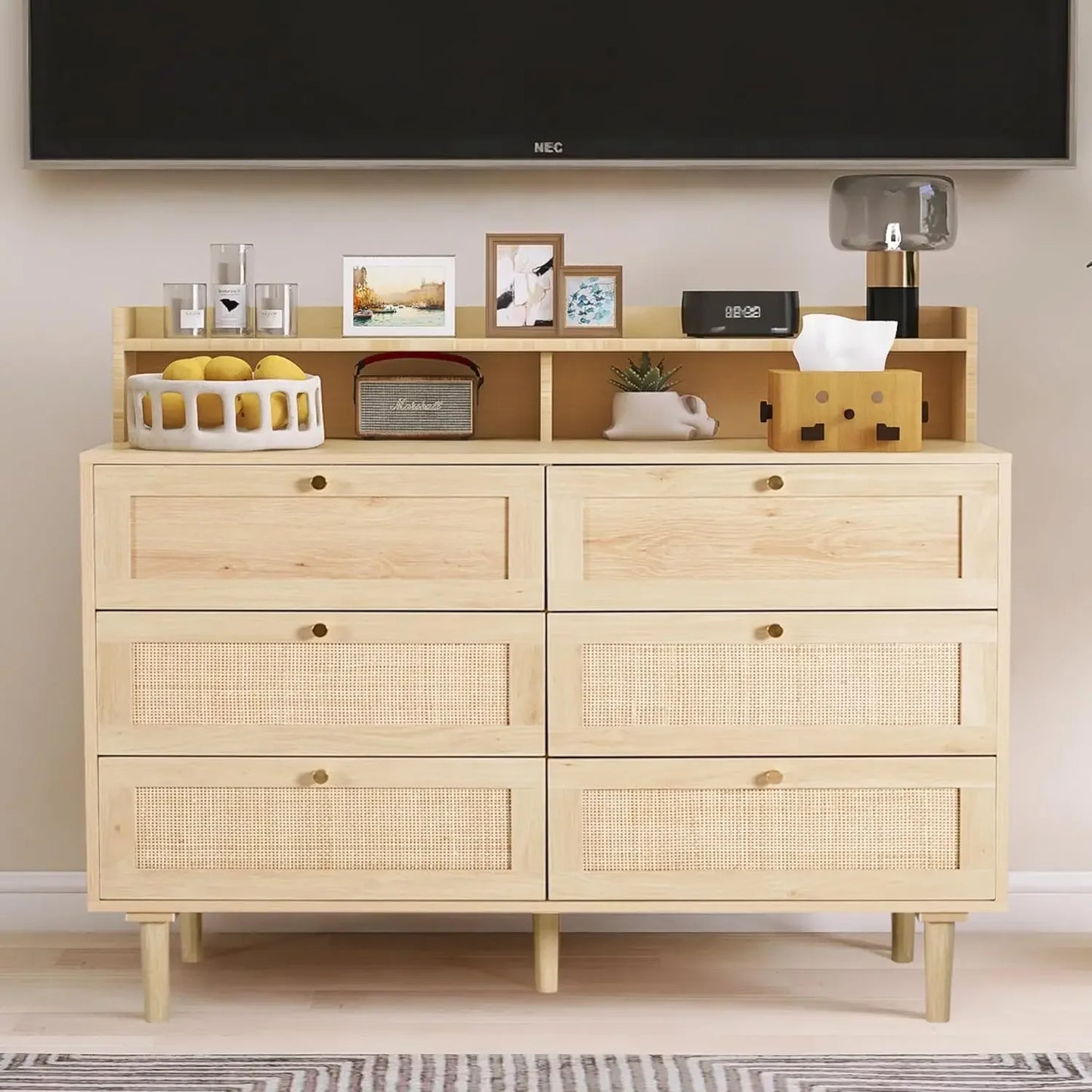 Rattan Dresser for Bedroom with Shelves, Modern Drawer Double Dresser with Charging Station, Wood Chest of Drawers for Bedroom