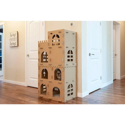 Maison pour chat en carton à plusieurs niveaux avec herbe à chat pour chats d'intérieur, griffoirs et jouets - High Castle Tower Corrugated