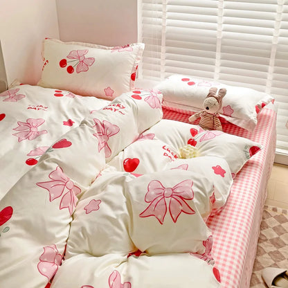 Kawaii Pink Bowknot Duvet Cover Set NO Filler Girls Bedding and Flat Sheet Pillowcase Twin Queen Full Fashion Quilt Cover Decor