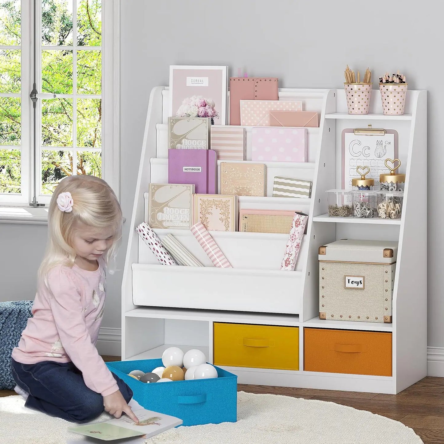 Bibliothèque à 5 niveaux pour enfants avec bacs de rangement, bibliothèque en bois pour chambre d'enfants, salle de classe, chambre d'enfant, blanc