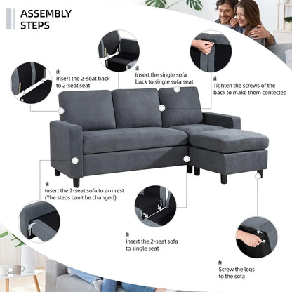 Convertible Sectional Sofa Couch, Modern Linen Fabric L-Shaped , 3-Seat Sofa Sectional with Reversible Chaise for Living Room