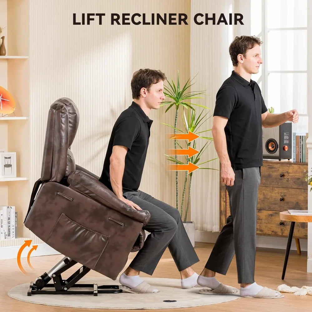 Sillón reclinable eléctrico para personas mayores, sillón elevador con calefacción y masaje, sofá reclinable de PU con función de sincronización, 2 bolsillos laterales