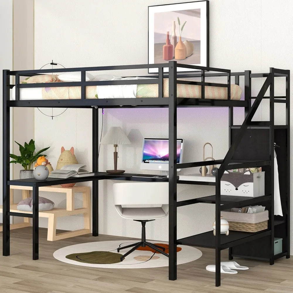 Full Size Loft Bed with Desk, Storage Stairs and Wardrobe, Full Loft Bed Charging Station(USB Port, Outlets) and RGB LED Light