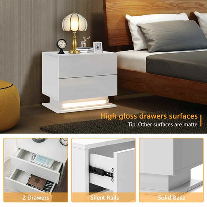 Modern Nightstands Adjustable 3 Color LED Lights with 2 Drawer Auto Sensor Light Bedside Table Storage Cabinet White US STOCK