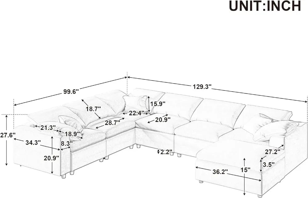 Canapé d'angle modulaire surdimensionné de 129,3 pouces, canapé réversible, canapé convertible et canapé-lit