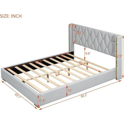 Lit Queen Size rembourré et moelleux, luxueux lit plateforme en cuir PU avec dossier à oreilles et support à lattes, pas besoin de sommier, blanc cassé