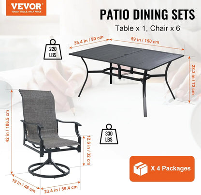 Ensemble de salle à manger pour patio, ensemble de table et de chaises pivotantes pour meubles d'extérieur, ensembles de table de meubles de jardin toutes saisons avec trou pour parasol