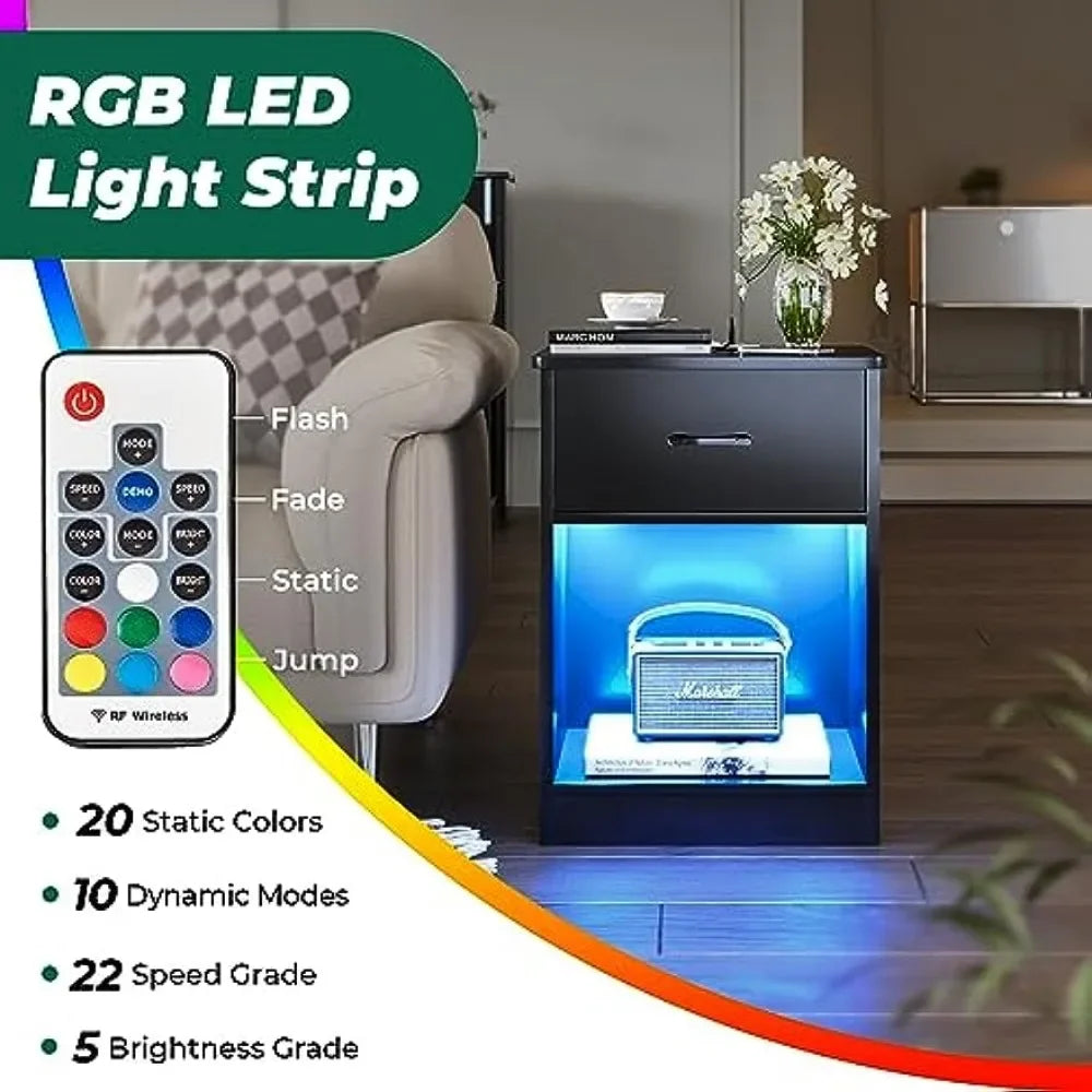 Juego de 2 mesitas de noche, mesitas de noche con estación de carga y tiras de luces LED, mesitas de noche con cajón, mesitas auxiliares para dormitorio, color negro