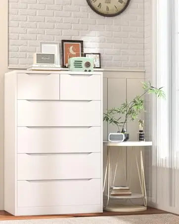 White Dresser with Deep Drawers, Modern 6 Drawer Dresser for Bedroom, Large Wooden Dresser for Bedroom, White Wooden Chest of