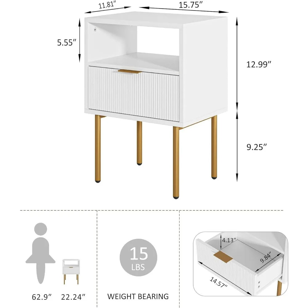 Mesita de noche, mesita de noche pequeña con marco dorado, mesita de noche blanca, mueble de noche, mesa auxiliar con cajón y estante para dormitorio